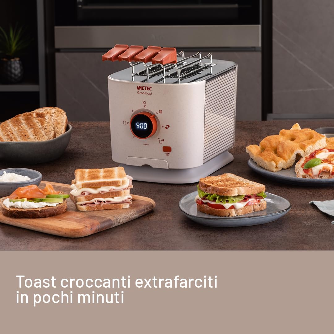 Imetec Grantoast - Tostapane 2 Fette XL con Pinze Apribili per Toast Farciti - 7 Livelli Doratura, Facile Pulizia, Display LED, Griglia Scalda Brioche, Pizzette e Focacce, Timer Digitale, Acciaio Inox