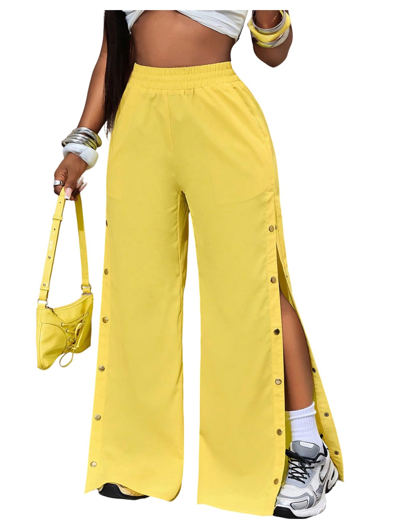 Verdusa Womens Button Down Slit Wide Leg Pants Streetwear Loose Trousers with Pockets