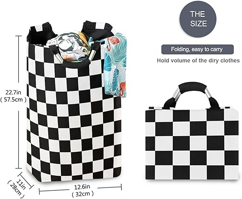 Miniatura 5 de Cesta de lavandería con bandera a cuadros de carreras, cesta plegable con asa, 50 litros