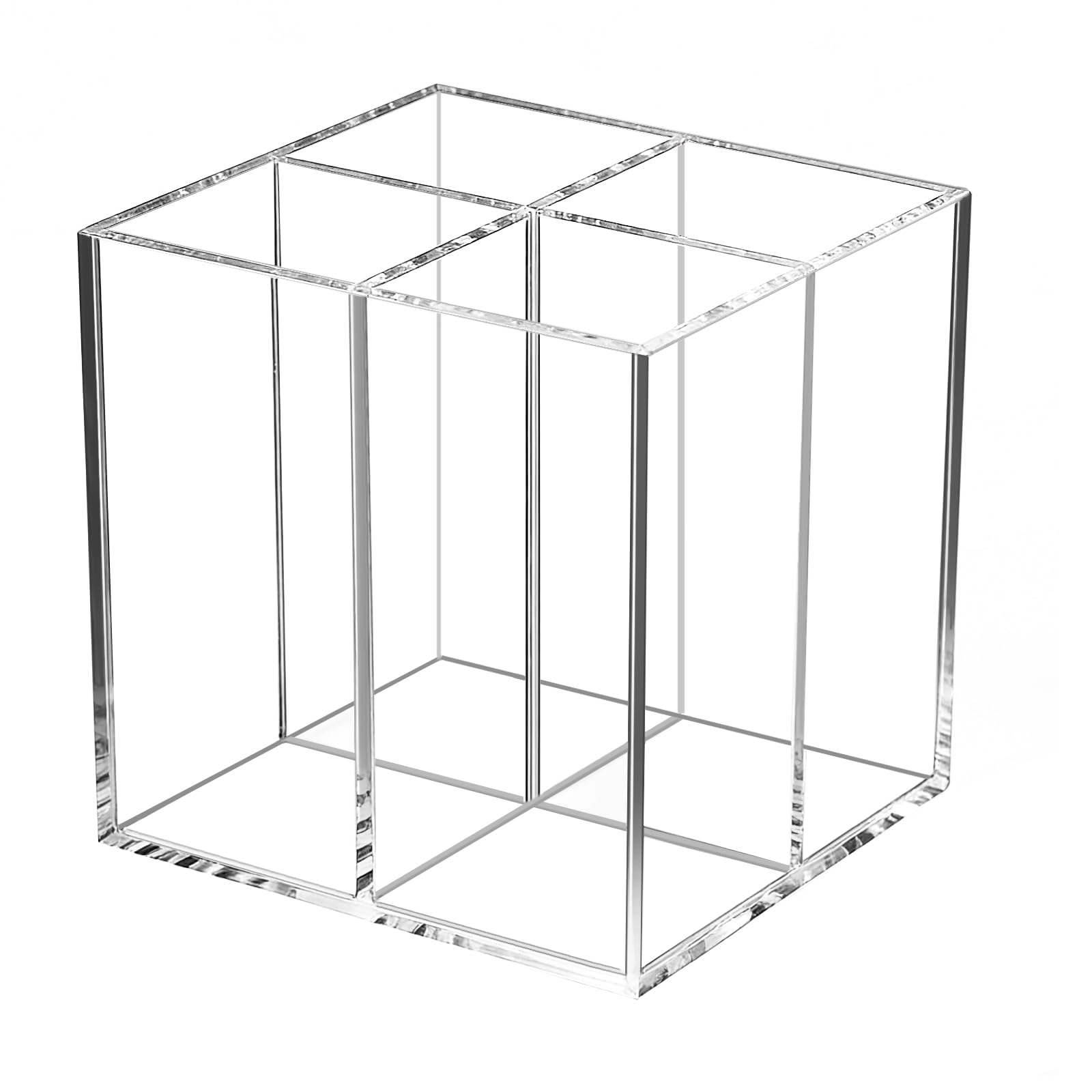 Uquelic Acrylic Pen Pencil Holder, Square 4 Compartments Clear Pen Pot - Desktop Stationery Storage Makeup Brushes Holder for Desk, Organiser Desk Tidy