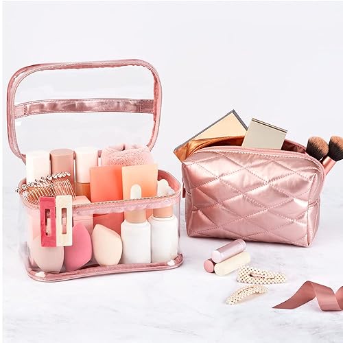 Miniatura 5 de Scunci by Conair - Estuche multitren juego de bolsas de maquillaje organizador de viaje incluye 2 bolsas en edredón metálico rosa
