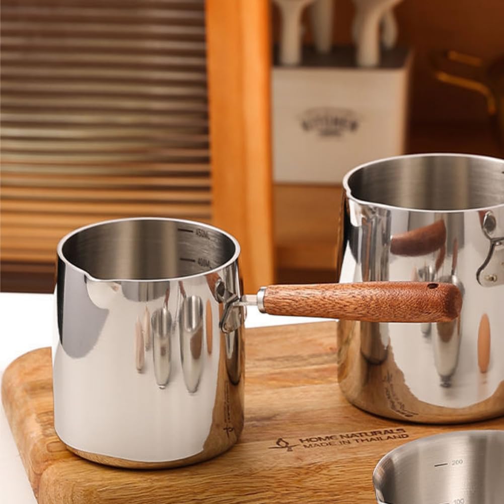 Tissting Pentola Scalda Burro, Piccola Pentola in Acciaio Inox con Manico Legno per Latte Bollente 450ml, per Salsa Cioccolato su Induzione Gas Elettrico