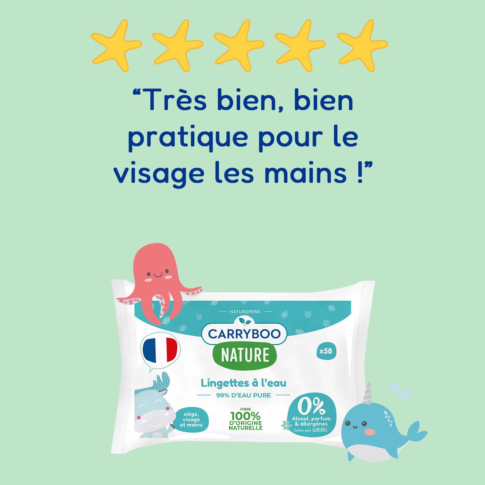 CARRYBOO - 4x58 Lingettes à l’Eau pure - Lingette Bébé Fibre 100% d'Origine Naturelle - Serviettes Nettoyantes Sans Allergènes - Soin Bébé Peaux Normales & Fragiles - 232