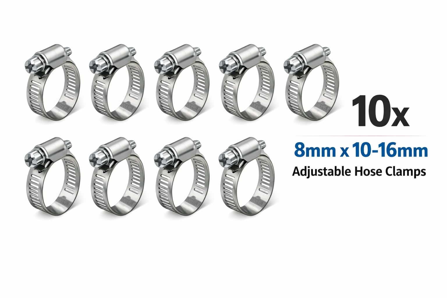 Metal Hortum Kelepçesi, Paslanmaz Çelik, 8mm x 10-16mm, 10 Parça, Otomotiv, Tesisat ve DIY Projeleri için