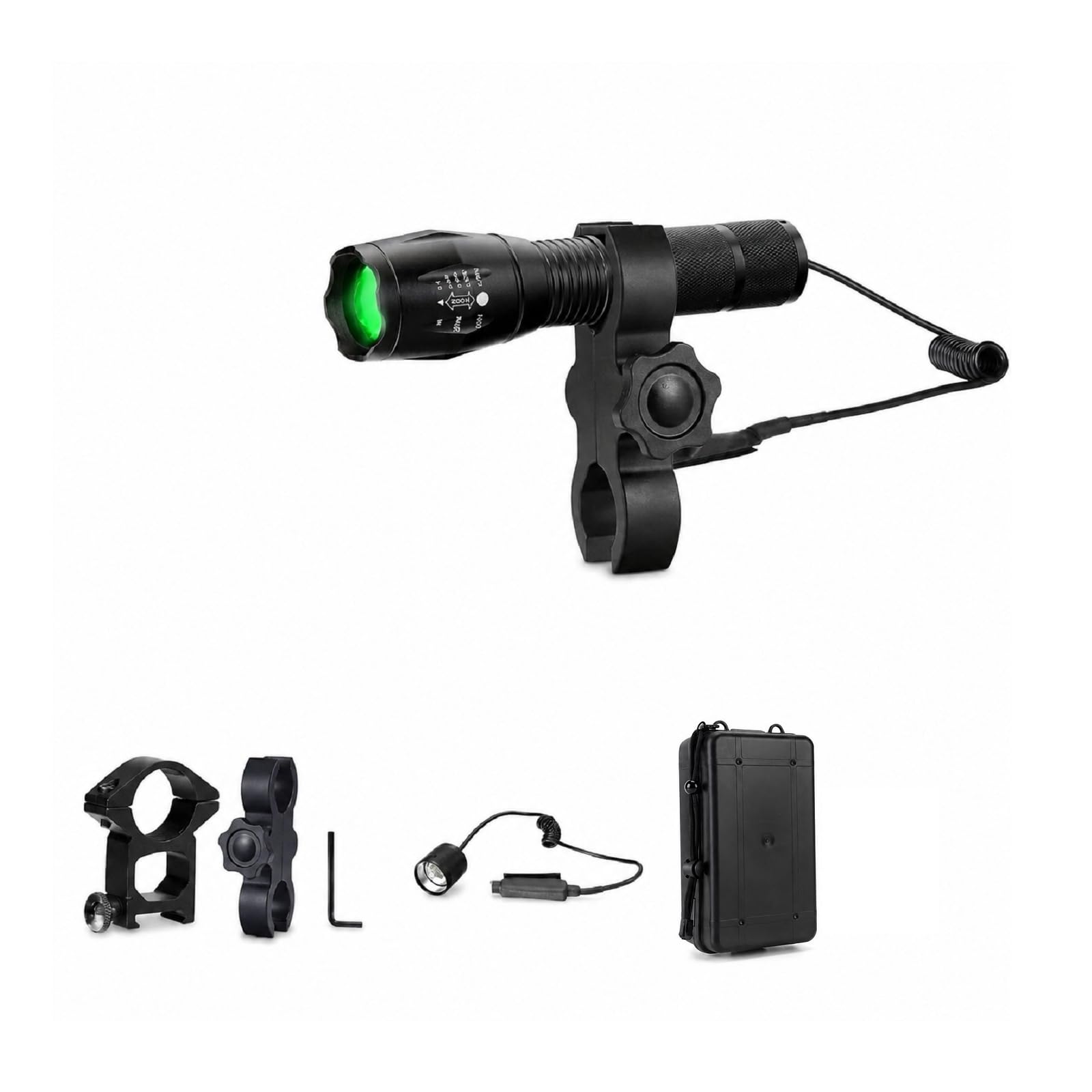 KL45 - Kit torcia elettrica da caccia verde da 1000 lumen, super luminosa, per predatore, luce zoomabile con interruttore a doppio controllo, per maiali, coyote, vermi