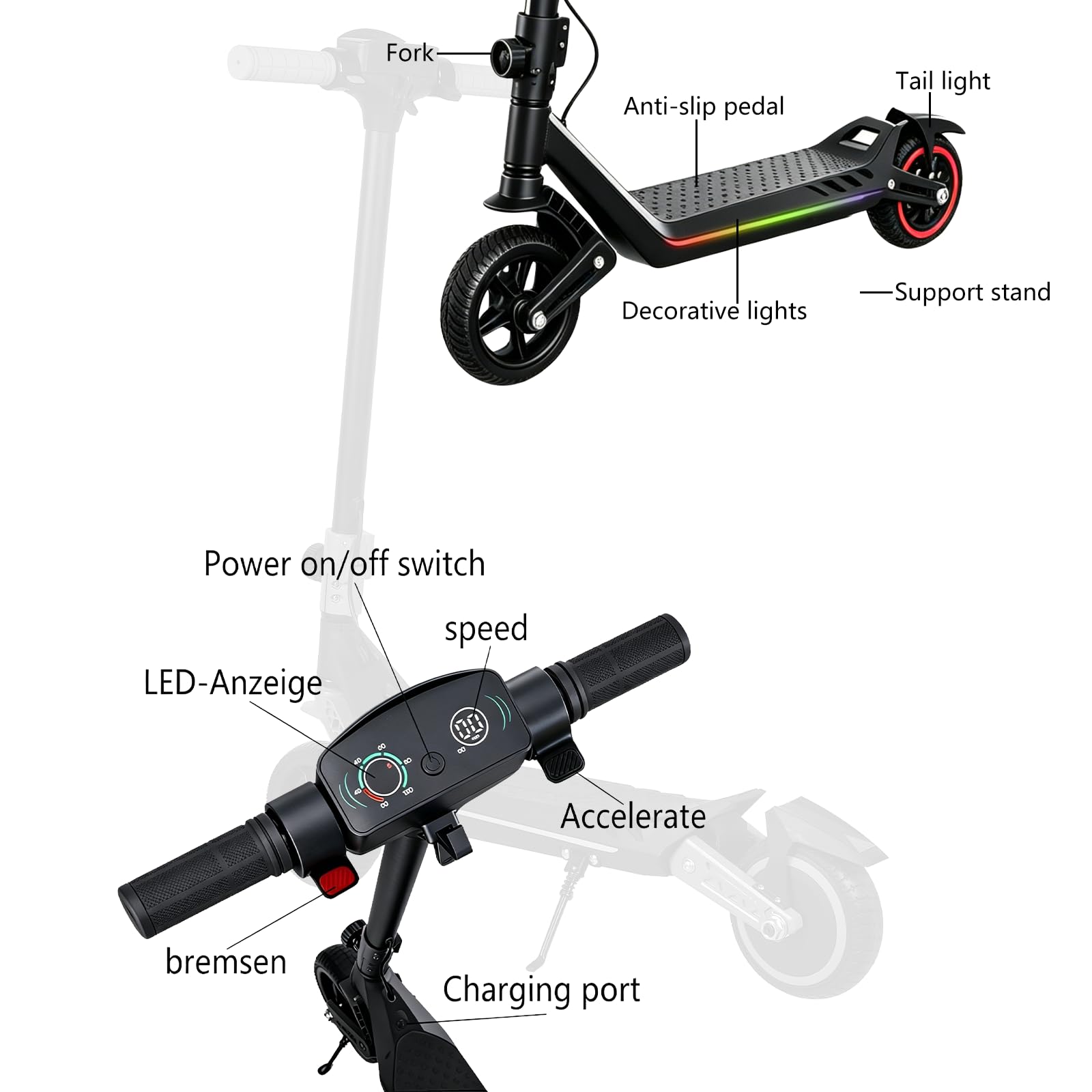 Monopattino elettrico per bambini, doppia sospensione, con luci arcobaleno colorate e indicatore LED, portata di 12 km, regalo per ragazzi e ragazze dai 6 anni in su (nero)