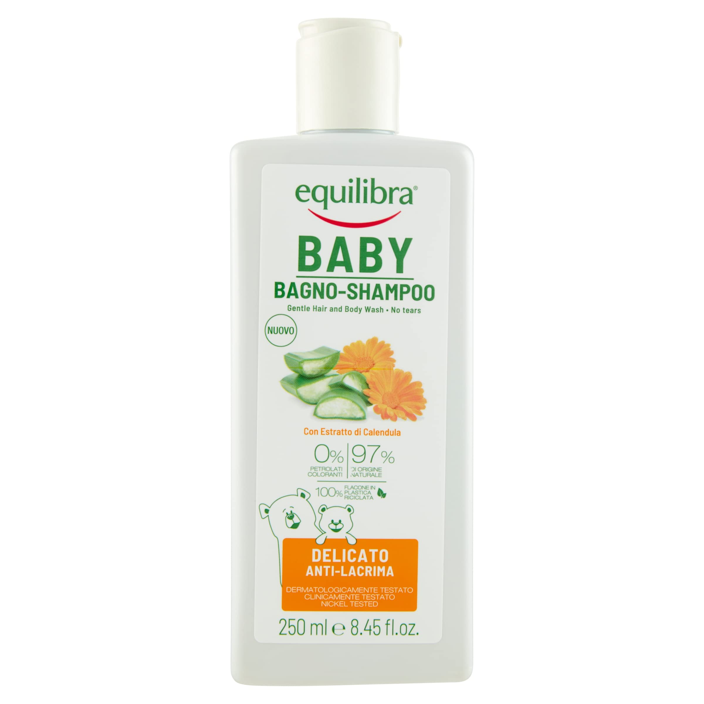 equilibra Baby, Baby Bagno-Shampoo Anti-Lacrima, Shampoo Delicato per Neonati e Bambini, Adatto a Pelli Sensibili, a Base di Aloe Vera, Estratto di Calendula e Glicerina Vegetale, 6 Pezzi da 250 ml