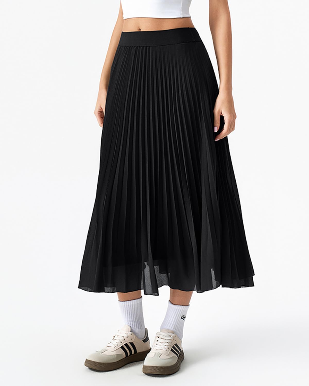 QINSEN Women's Elegant Flowy Pleated Chiffon Skirts Summer A-line Swing Midi Skirts Casual Elastic Waist Soft Linging