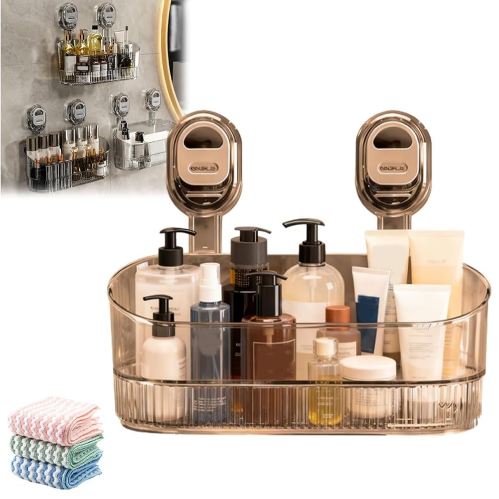 OUTPLAY No Drill Bathroom Suction Storage Box Suction Cup Storages Rack with Drain Hole Large Capacity Strong Load-Bearing