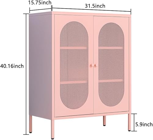 Miniatura 3 de Armarios decorativos de metal rosa con 2 estantes ajustables, armario de almacenamiento de metal de 3 niveles con patas, armarios de acero para