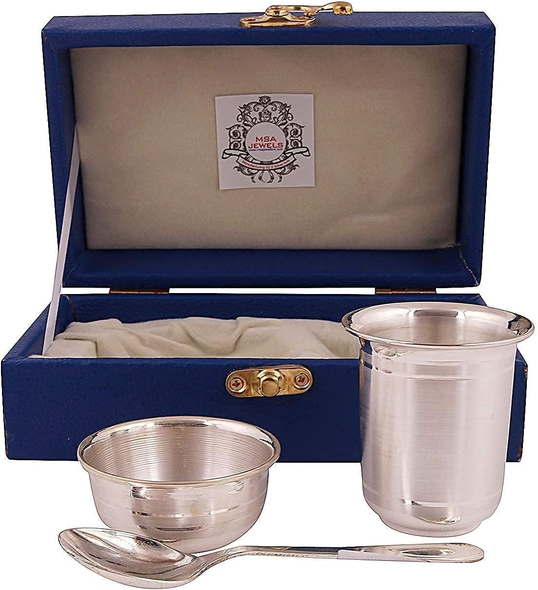 Msa JewelsMsa Jewels Silver Solid Bowl, Glass And Spoon Set - 3 Pieces, Silver, 65 ML