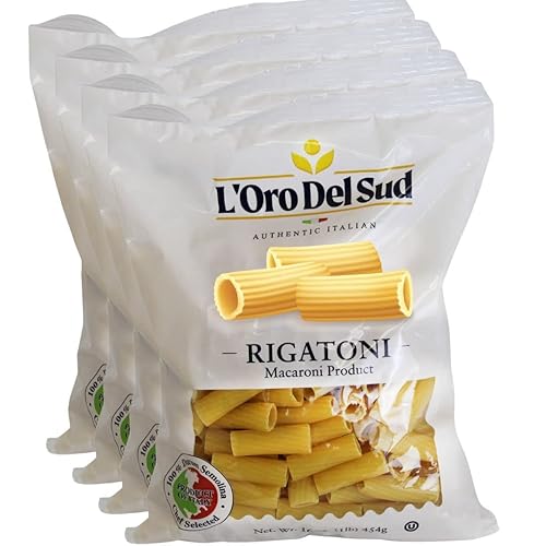 Pasta Rigatoni, pasta italiana, producto de primera calidad de Italia (paquete de 4 x 16 onzas), sin OMG, vegano, certificado Kosher por L'Oro del
