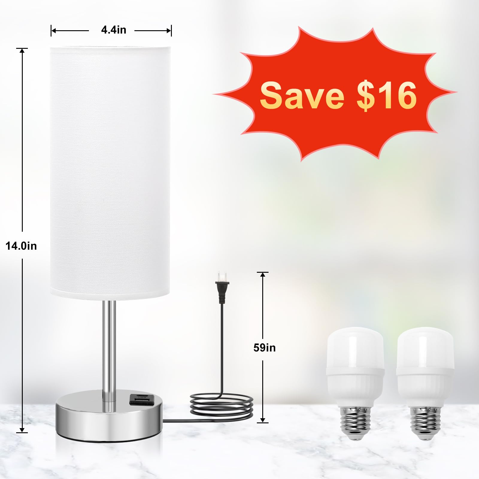 Set di 2 lampade da comodino per camera da letto, lampada touch per comodino con porte di ricarica USB-A+C, 3 vie, dimmerabile, piccola, lampada da scrivania bianca per ufficio, dormitorio, soggiorno