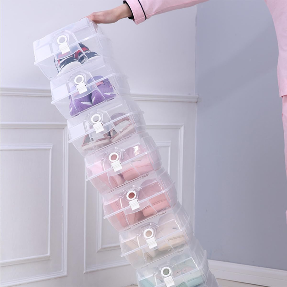 Caja de Almacenamiento de Zapatos de Plástico Blanco, 2 Unidades, Apilable Diseño de Riel para Organizar Zapatos Debajo Mesa en Casa Varios Estilos