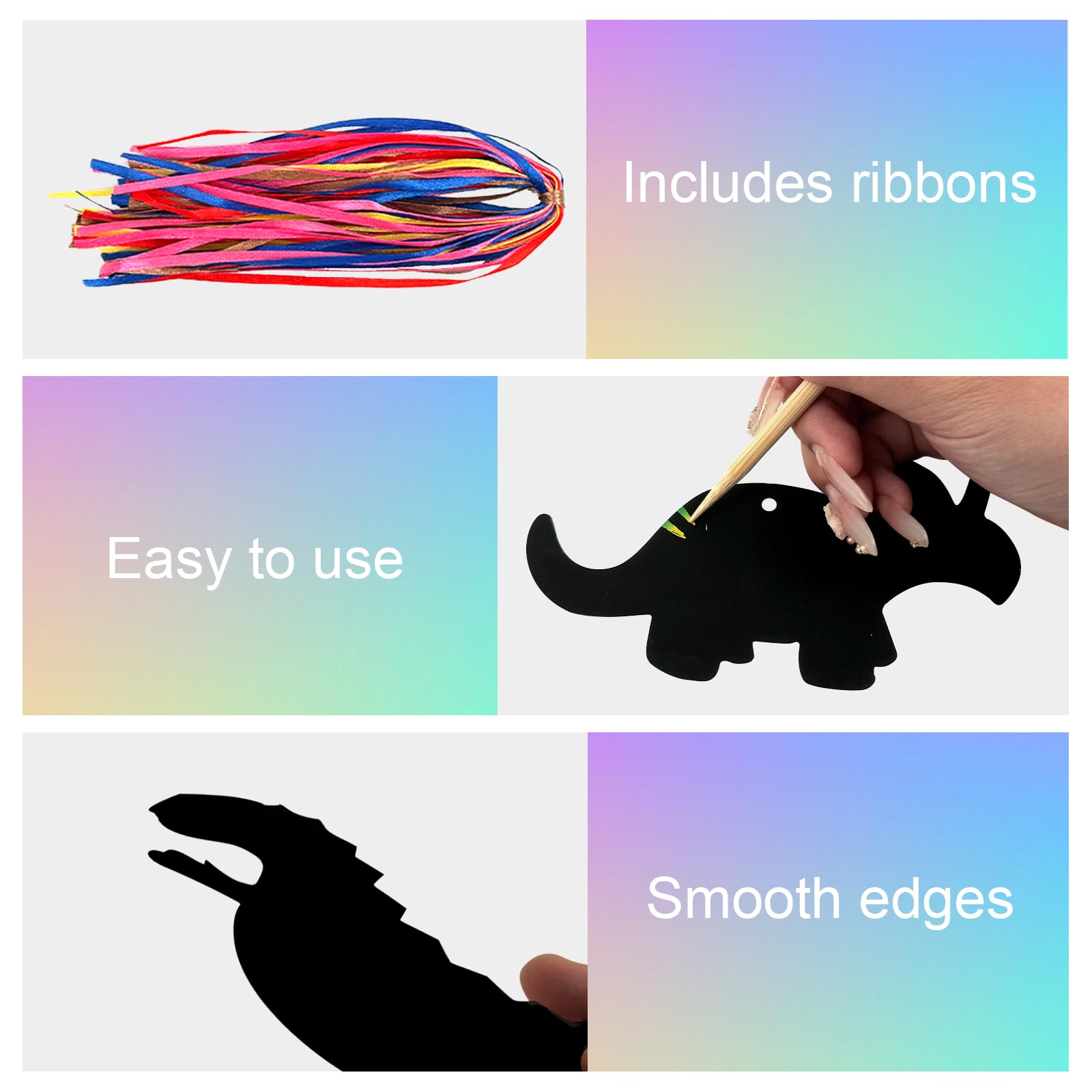 YFPOPONE 44 Pcs Scratch Pictures Set,Scratch Art for Kids,Rainbow Scratch Paper,Magic Scratch Cards for Kids with Ribbon and Bamboo Pen,Rainbow Scratch Paper for DIY Party Decoration(36 Patterns) - Image 3