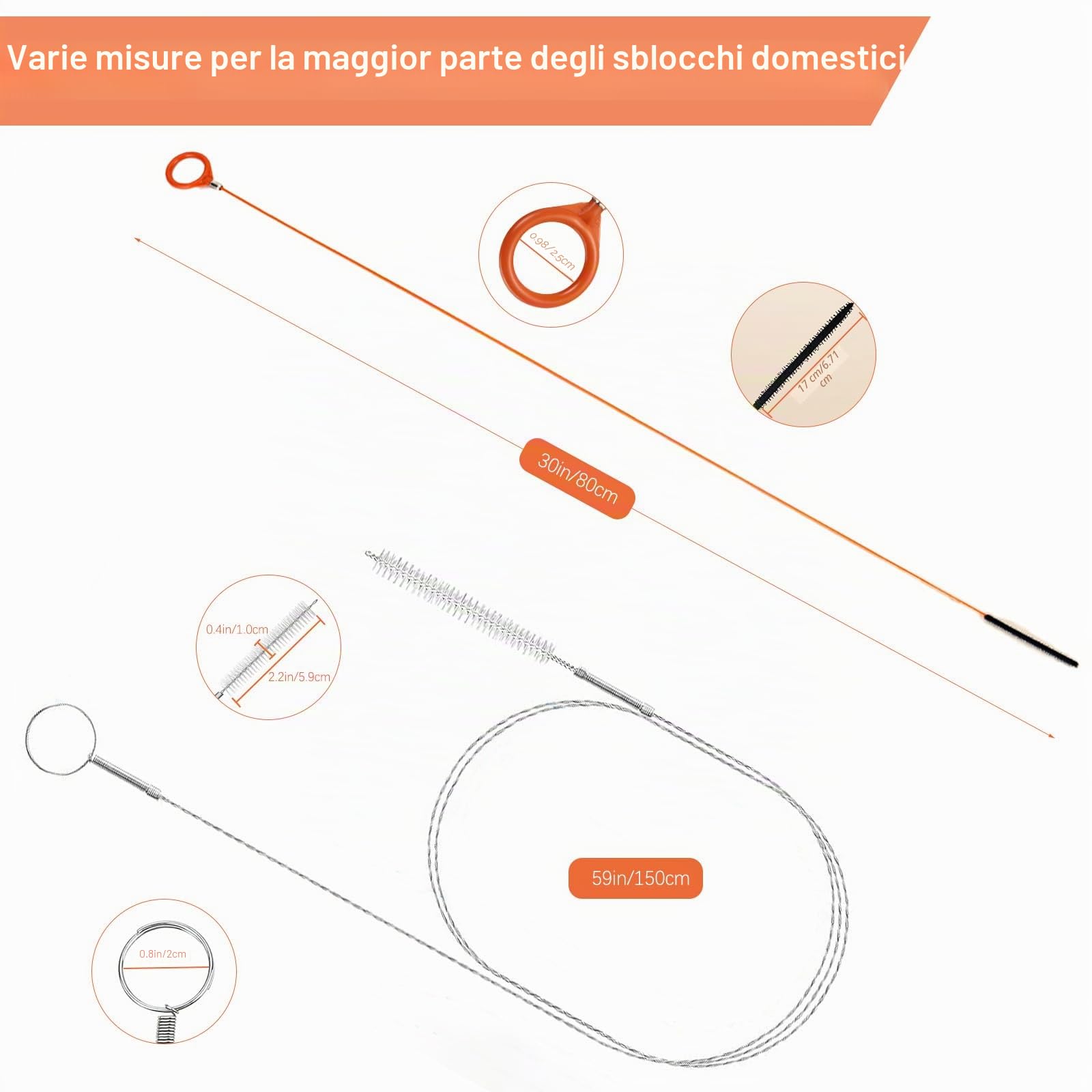 Set da 7 Stura Lavandini e Scarichi, Strumento di Rimozione dei Capelli a Serpente da 76 cm + Spazzola Per Pulizia Flessibili da 150 cm Pulitore per Lavandini, Docce, Vasche e Tubi