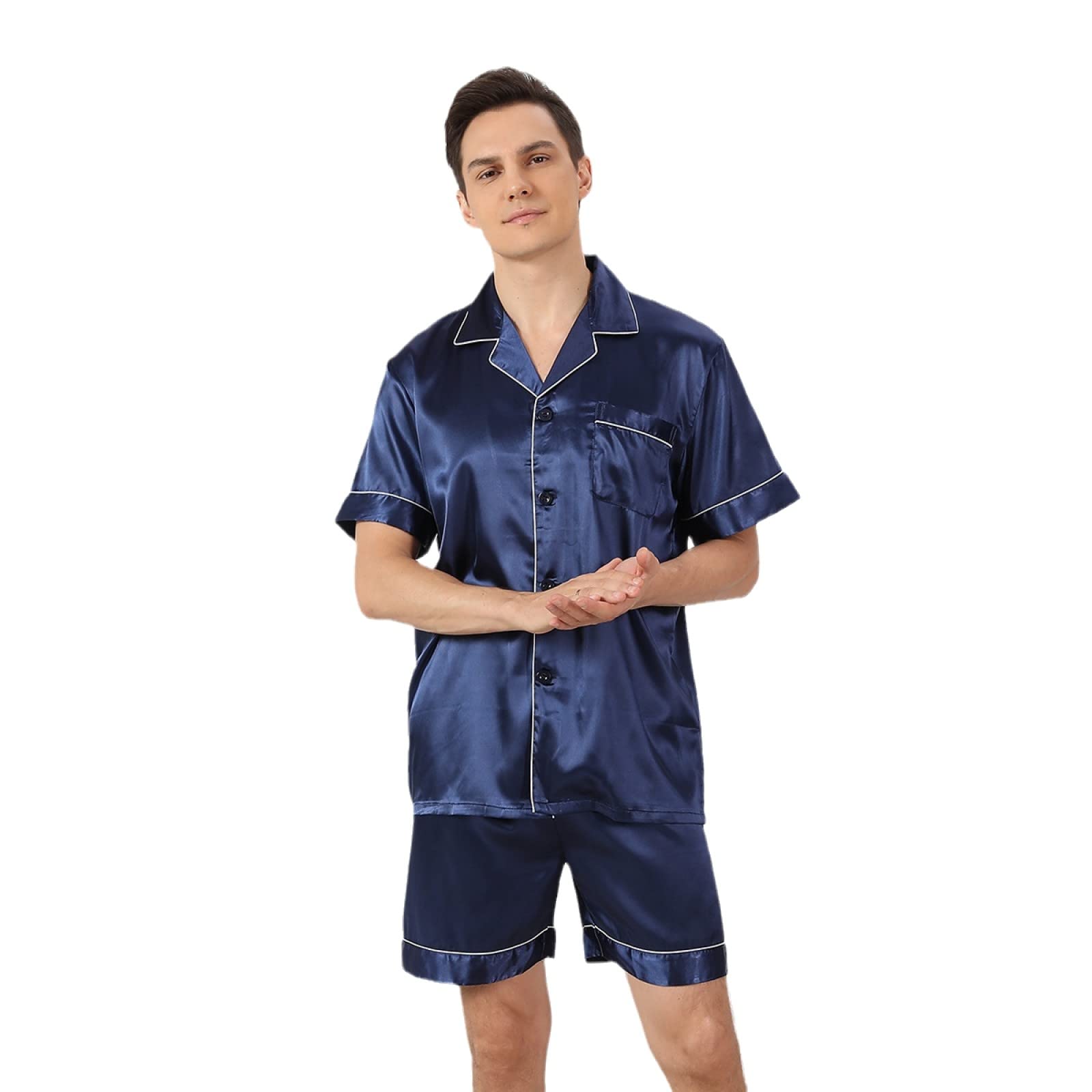 DELIGUO Satin Pijamas Set Para Hombre - Pantalones Cortos De Manga Corta De Verano, Ropa De Dormir Suelta, Ropa De Casa, Solapa Con Botones, Transpirable, Fina, De Seda Helada, Traje De Dos Piezas, Ropa De