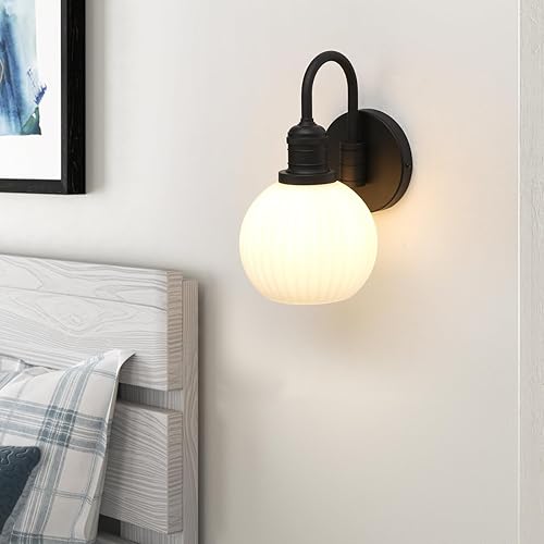 Miniatura 4 de Yosoan Aplique de pared de baño vintage de latón bohemio con pantalla a rayas, 1 lámpara industrial con cable para montaje en pared, pantalla de