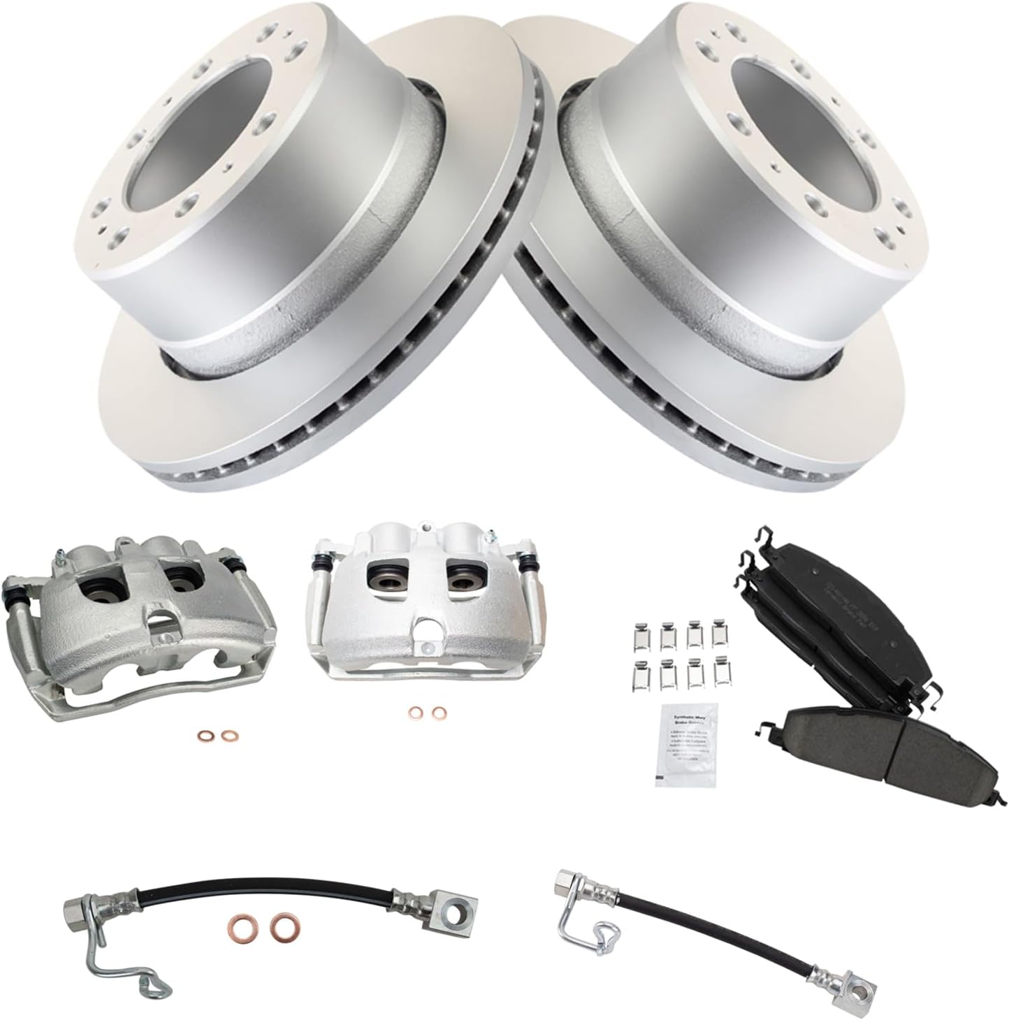 TRQ Rear Brake Pad & Rotor Kit Brake Caliper Brake Hose Brake Pads Brake Rotor Ceramic Premium G-Coated Compatible with 2009-2010 Dodge Ram 2500 Ram 3500 2011-2013 Ram 2500 2011-2012 3500