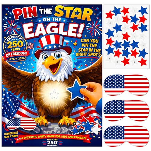 Pin the Star on the Eagle Party Game - Patriotic USA 250 Anniversary Games with A1 Poster 34 Numbered Red White Blue Star Stickers 3 USA Flag Blindfolds - Birthday Party Game July 4th Party Favor