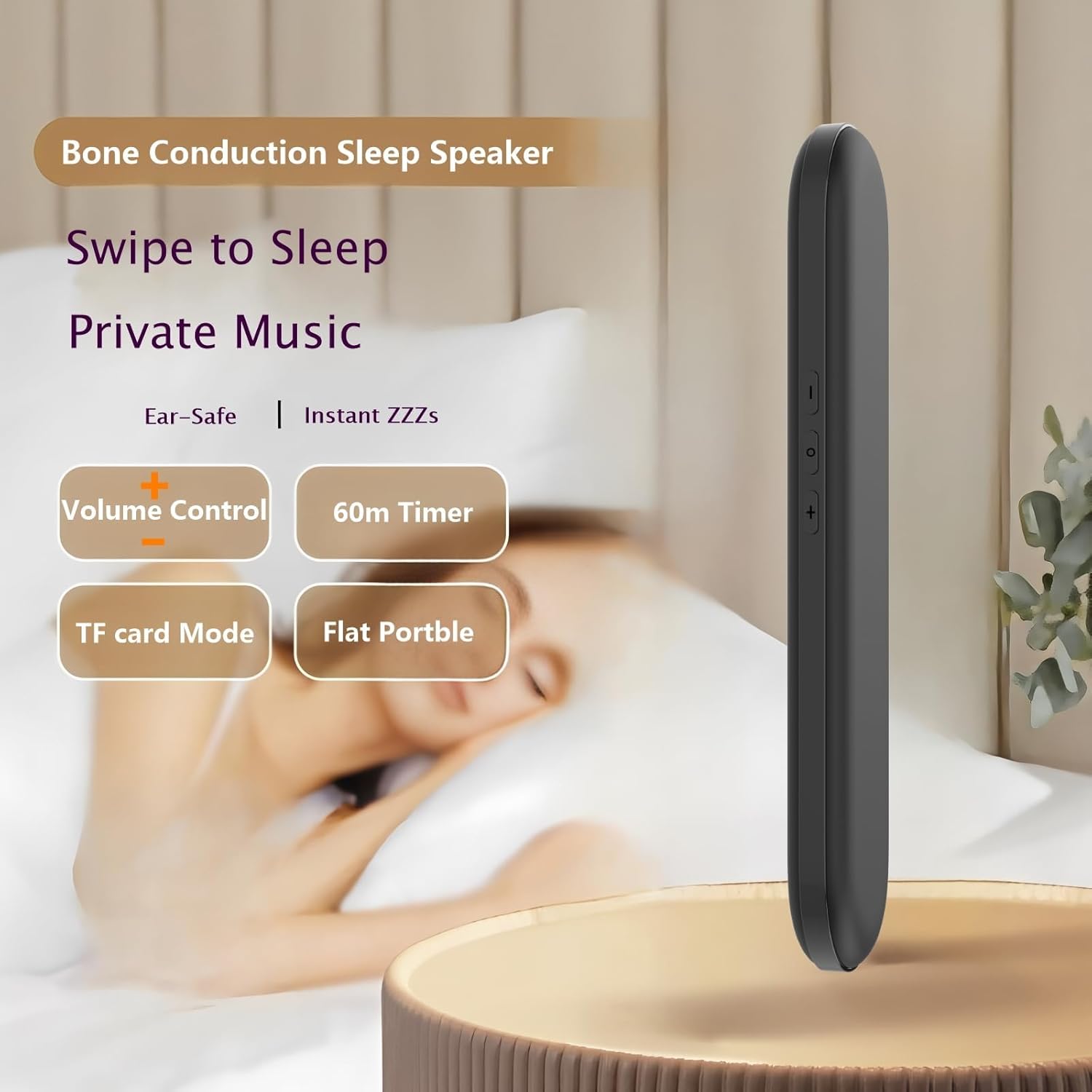 Private Mini Under Pillow Speaker Bluetooth for Sleeping, Portable Bone Conduction Technology with Volume Control/TF Function, Wireless White Noise/Sleep Aid（Black）