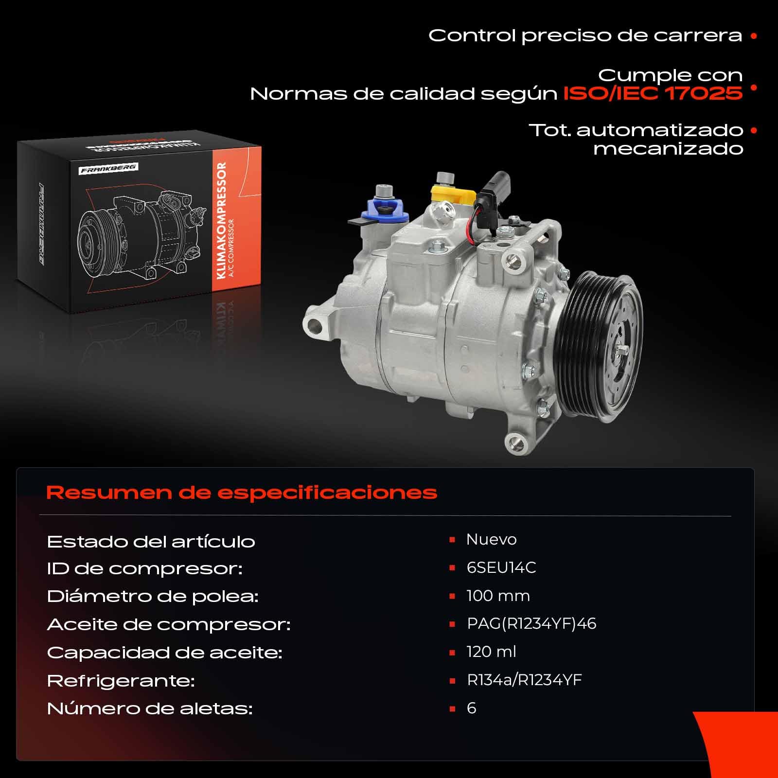 Frankberg Compresor de aire acondicionado con embrague | Compatible con: A4 8EC, Exeo 3R2, Exeo ST 3R5, A4 Cabriolet 8H7 B6 8HE B7, A4 Avant 8ED, A6 Allroad 4FH, A4 8E2