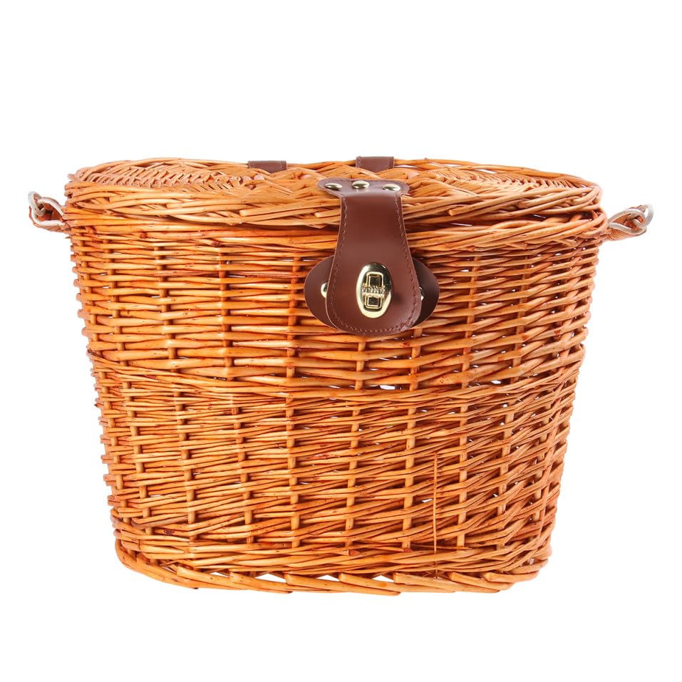 Cestino Bicicletta Anteriore in Vimini Marrone, Cestello per Bicicletta con Coperchio, Stile Creativo, per Bici e Spesa