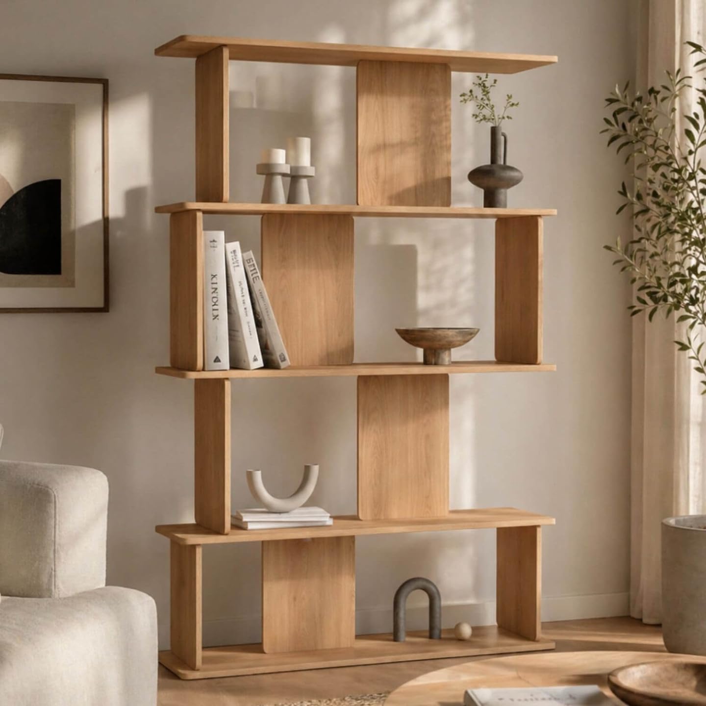 IDMarket - Regal mit 4 Ebenen japandi Capucine asymmetrisch in Buchenholzoptik abgerundetes Design