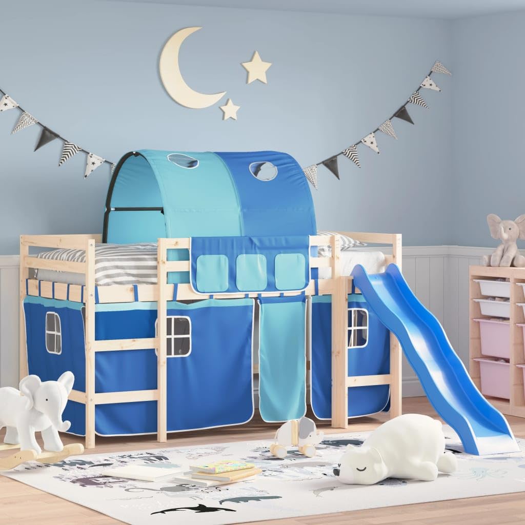 VidaXL Vorhänge Set für Hochbett Spielbett Kinderzimmer, Bettvorhang mit Tunnel, Blau Polyester