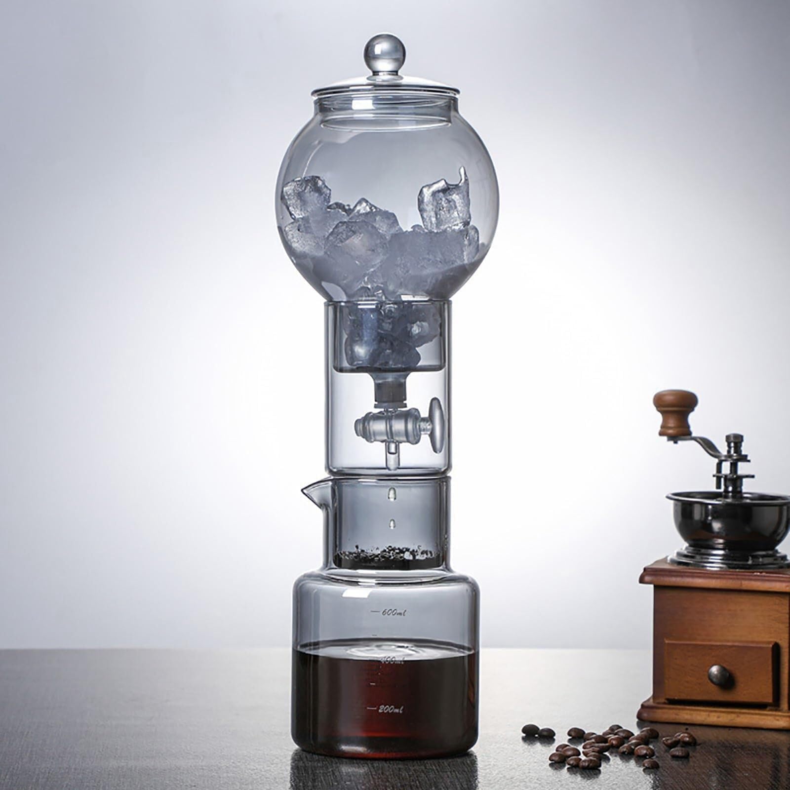 THE WHITE SHOP Cold Brew Coffee Maker, 600ml Portable Cold Brew Coffee Maker, Glass Coffee Pot Ice Drip Pot for Cold Drinking Tea Cold Brew Coffee, Stainless Steel Steel Stand(GREY)