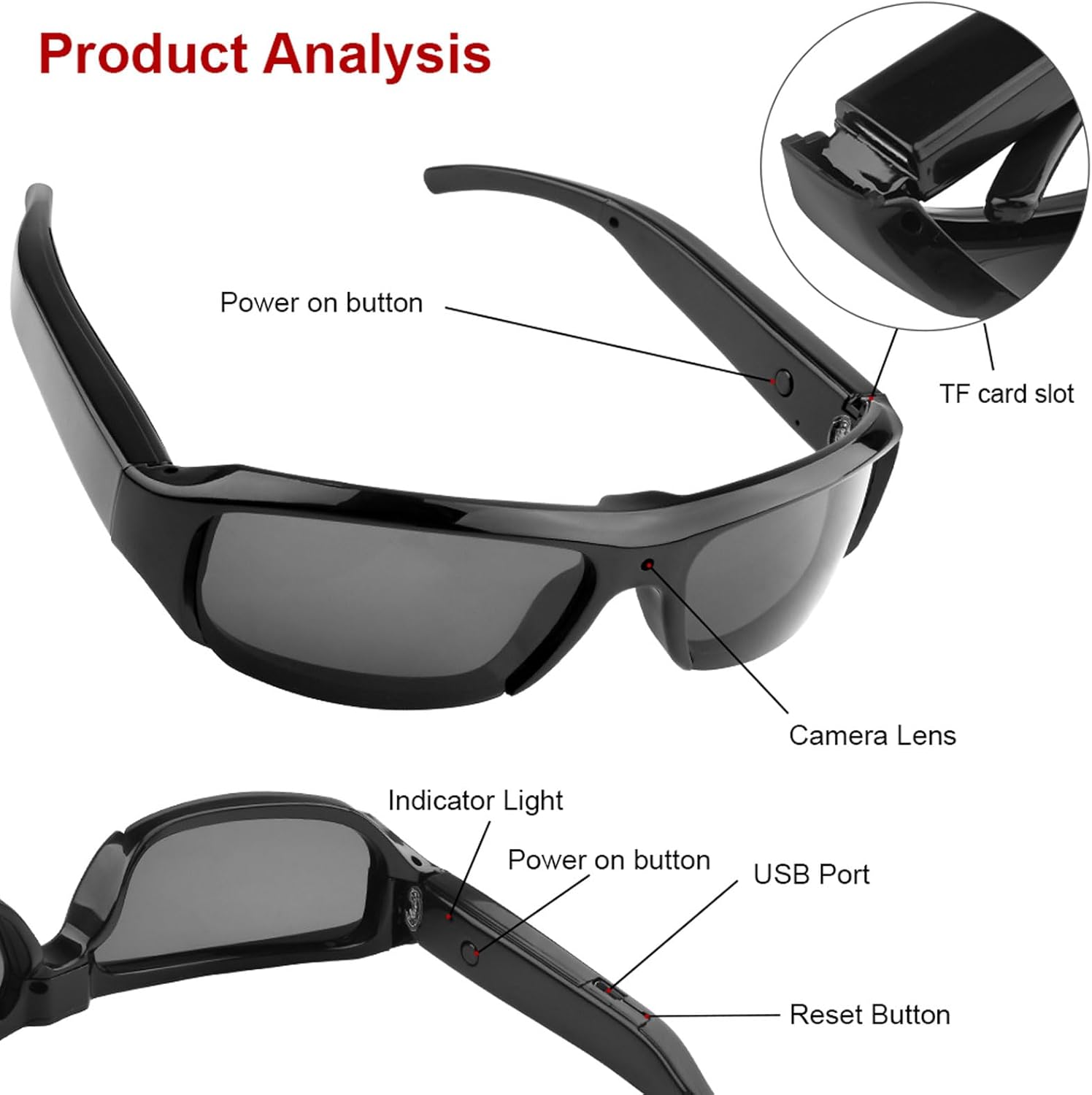 1080P Camera Glasses, Anti Shake Camera Sunglasses Sports Action Action Camera Glasses, Video Glasses for Men, for Outdoor Activities Cycling Hiking