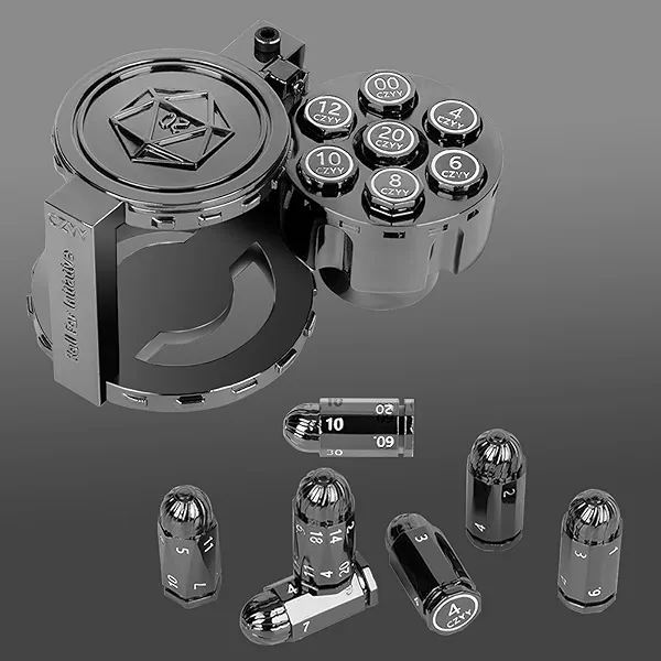 Metal Polyhedral Bullet Dice Set of 7 with Spinning Revolver Cylinder Container - Cyberpunk Style Dice for D&D, Sci-Fi, War, or Crime Theme Tabletop Games (Black)