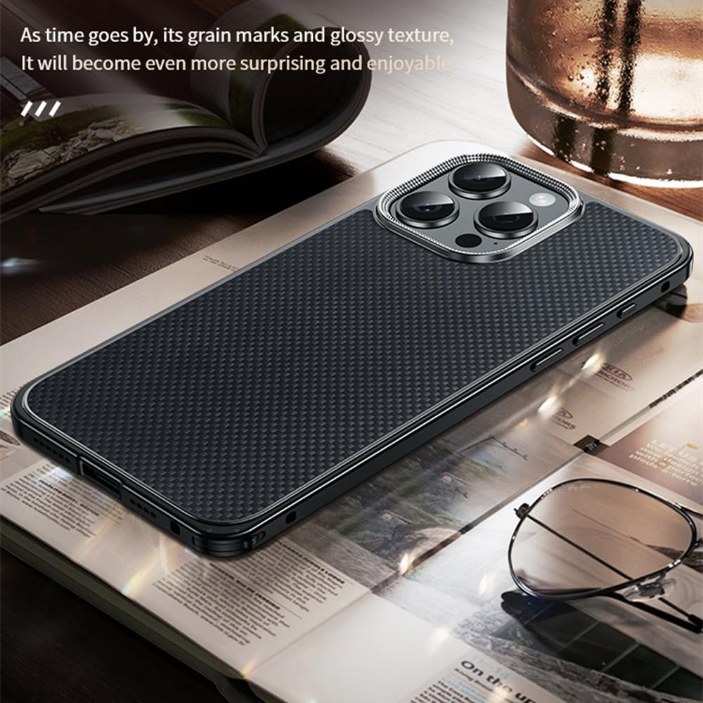 Funda de Fibra de Carbono para iPhone 16, 15, 13 y 14 Pro MAX, con Borde metálico anticaídas y Carga inalámbrica magnética, Color Dorado Desierto, para iPhone 15