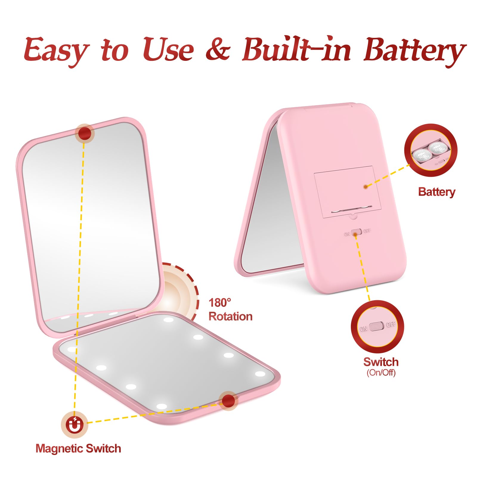 Specchio Portatile con Luce LED per Viaggio, Specchietto da Borsetta con Ingrandimento 1x/3x, Pieghevole Piccolo Specchio per Trucco per Portafoglio, Viaggio e Uso Quotidiano Ideale per a Regalo, Rosa