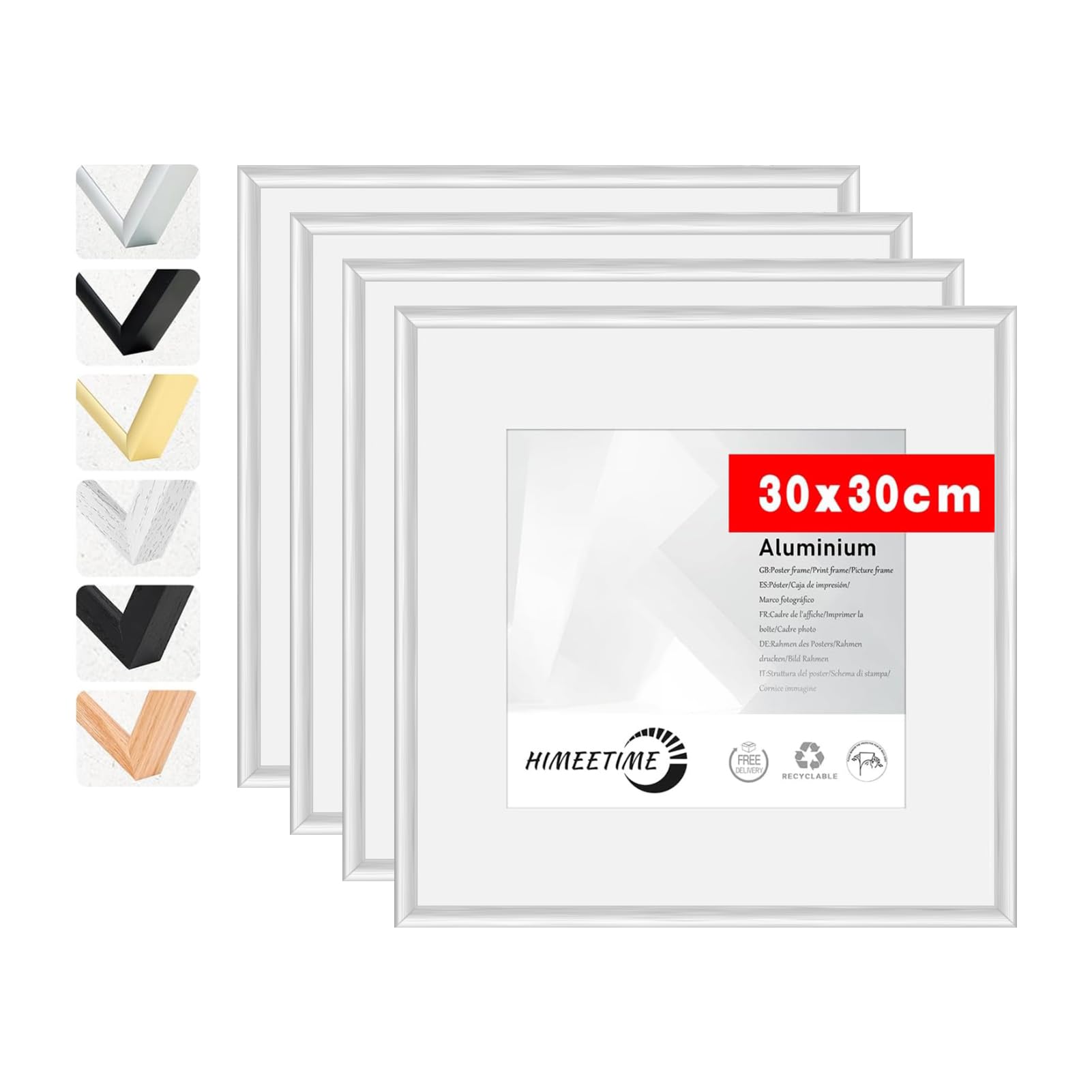HIMEETIME® 4x Bilderrahmen,30x30cm Aluminium Silber, bruchsicheres Acrylglas, für Fotos und Bilder, Hoch- und Querformat, stabile Rückwand