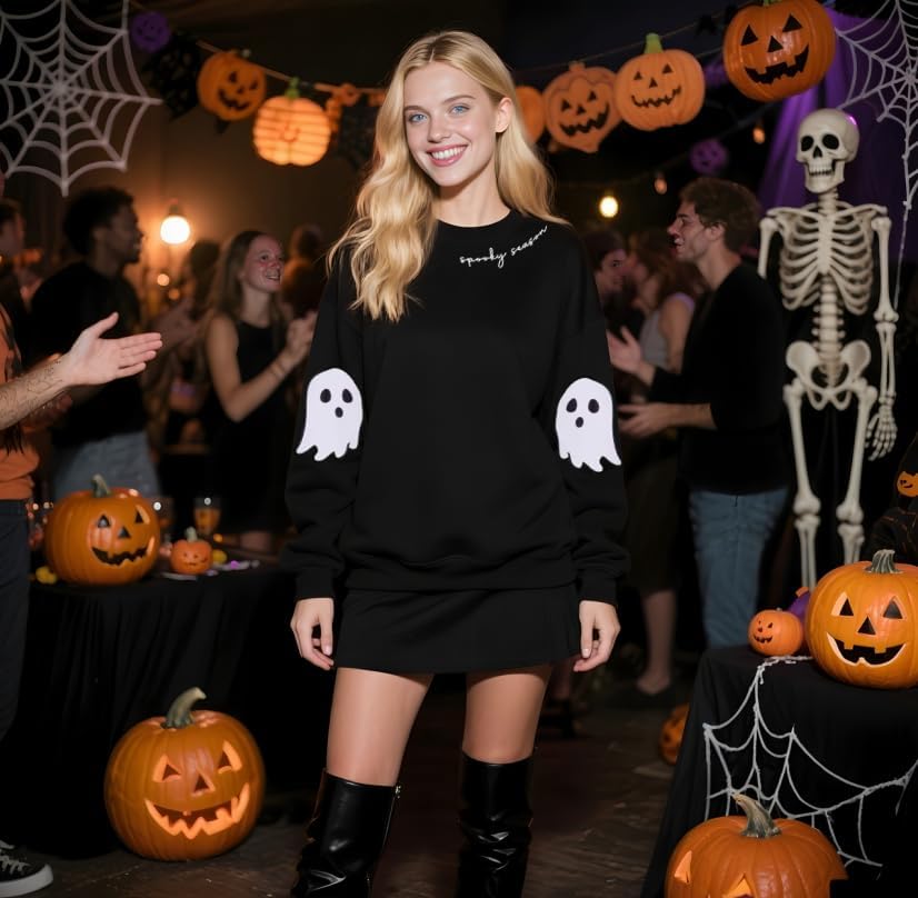 Halloween Ghost Malone Sweatshirts for Women Spooky Season Sweatshirt Cute Ghost Graphic Pullover Halloween Sweater - Image 3