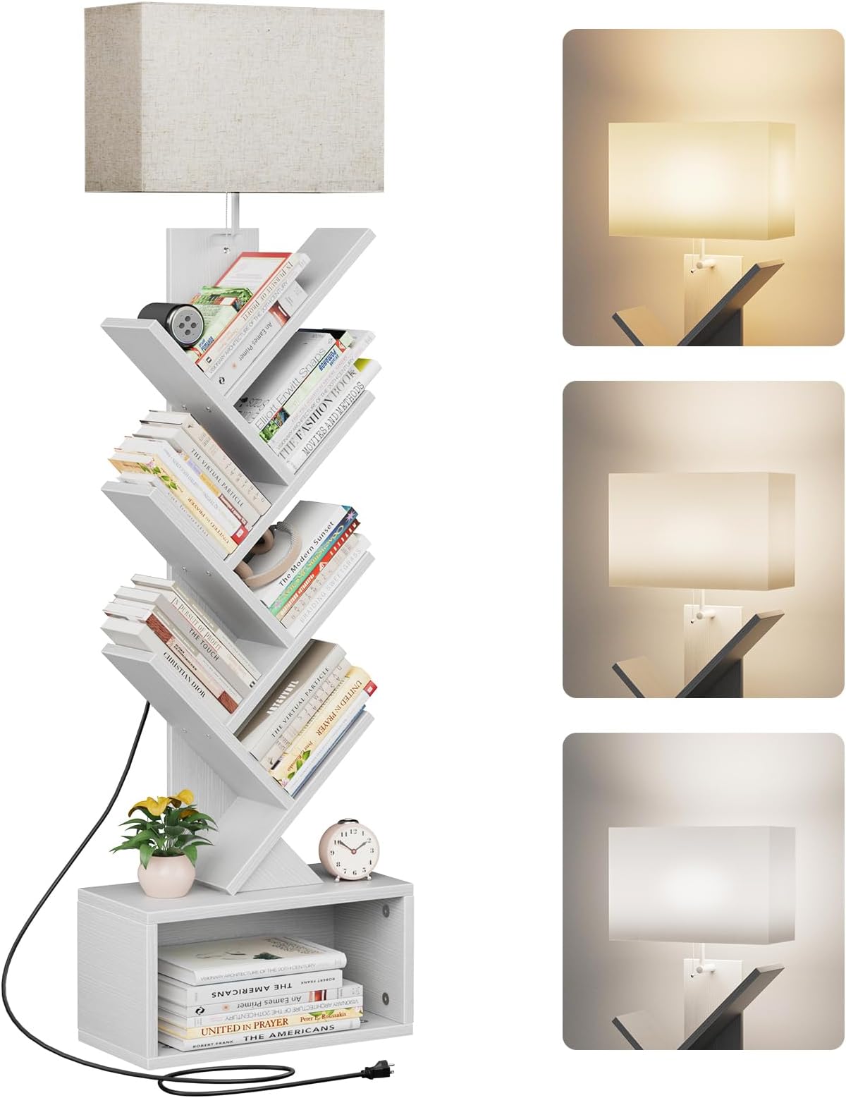 6 Tier Tree Bookshelf with Light, Narrow Bookcase Tower, Tall Floor Standing Book Shelf Organizer with Storage Cabinet for Living Room, Bedroom and Home Office, White