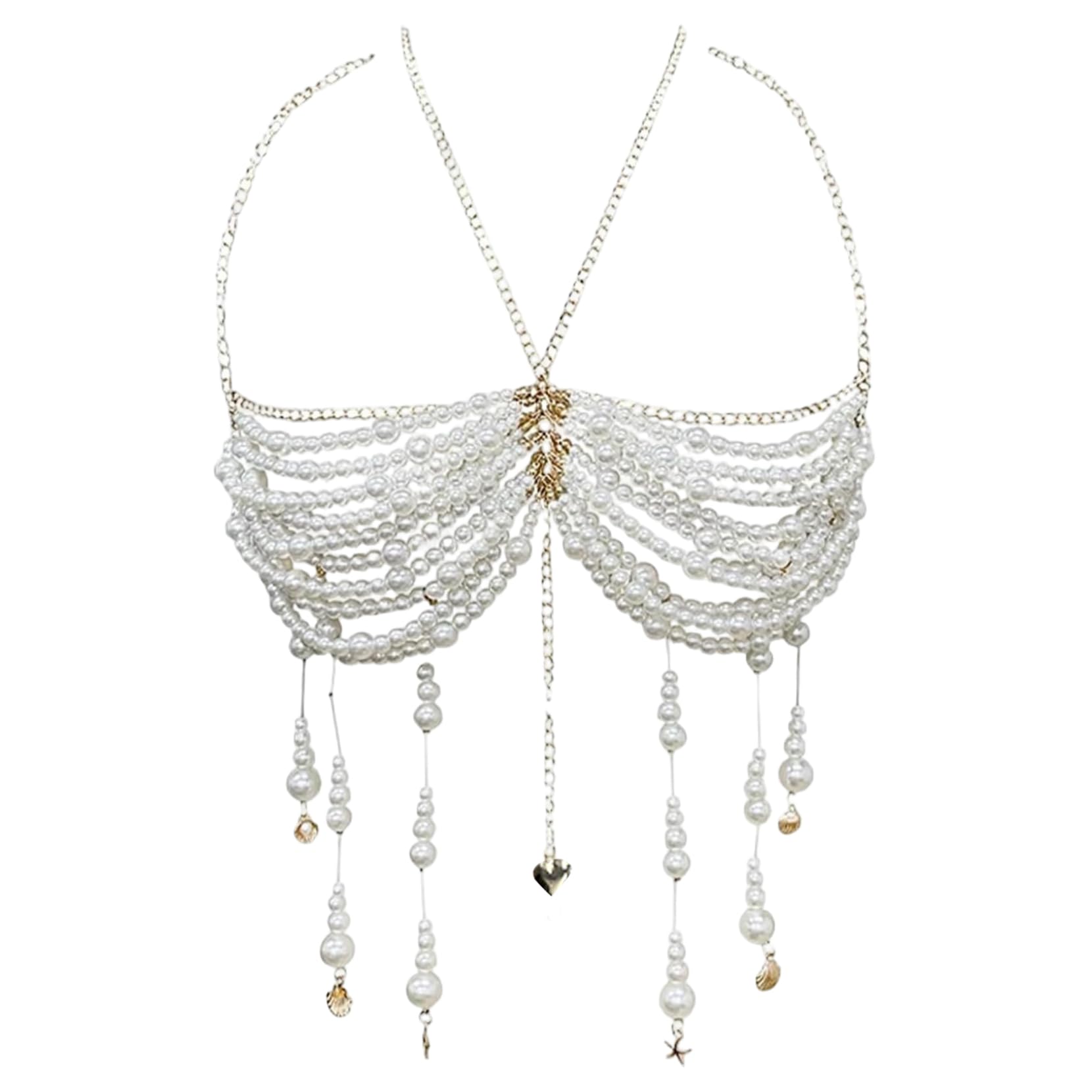 Hperu Unisex Assorted Color Pearl Bra For Women, Elegant Beaded Bra With Tassels Halterneck Crop Tanks Top For Parties And Festival - Beaded Top