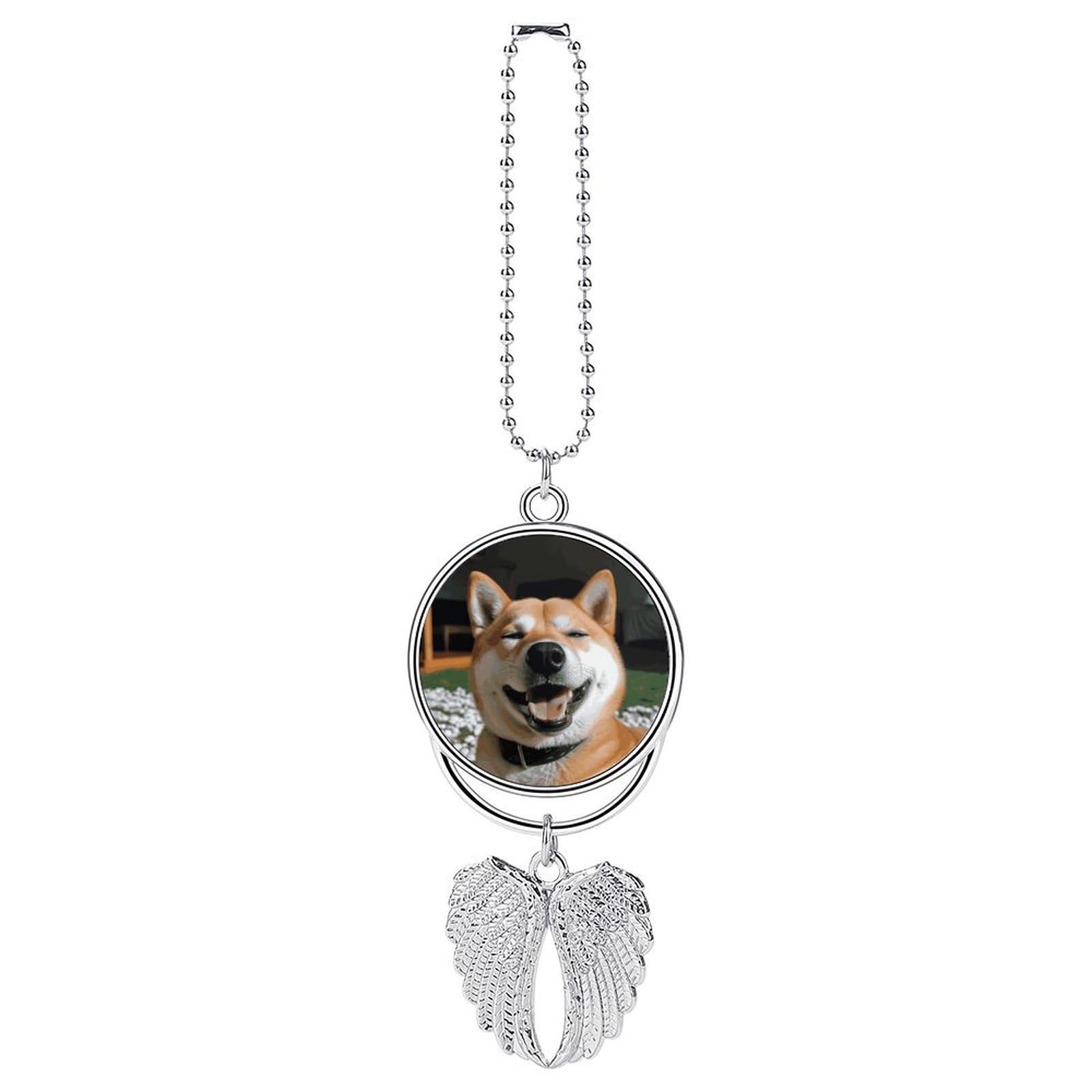 Shiba Inu Smile Tongue Out Guardian Angel Wing Car Ornament for Mirror, Zinc Alloy Hanging Charm with Spiritual Design for Protection, Rearview Mirror Accessory Decor Gift for Women Men(Silver)