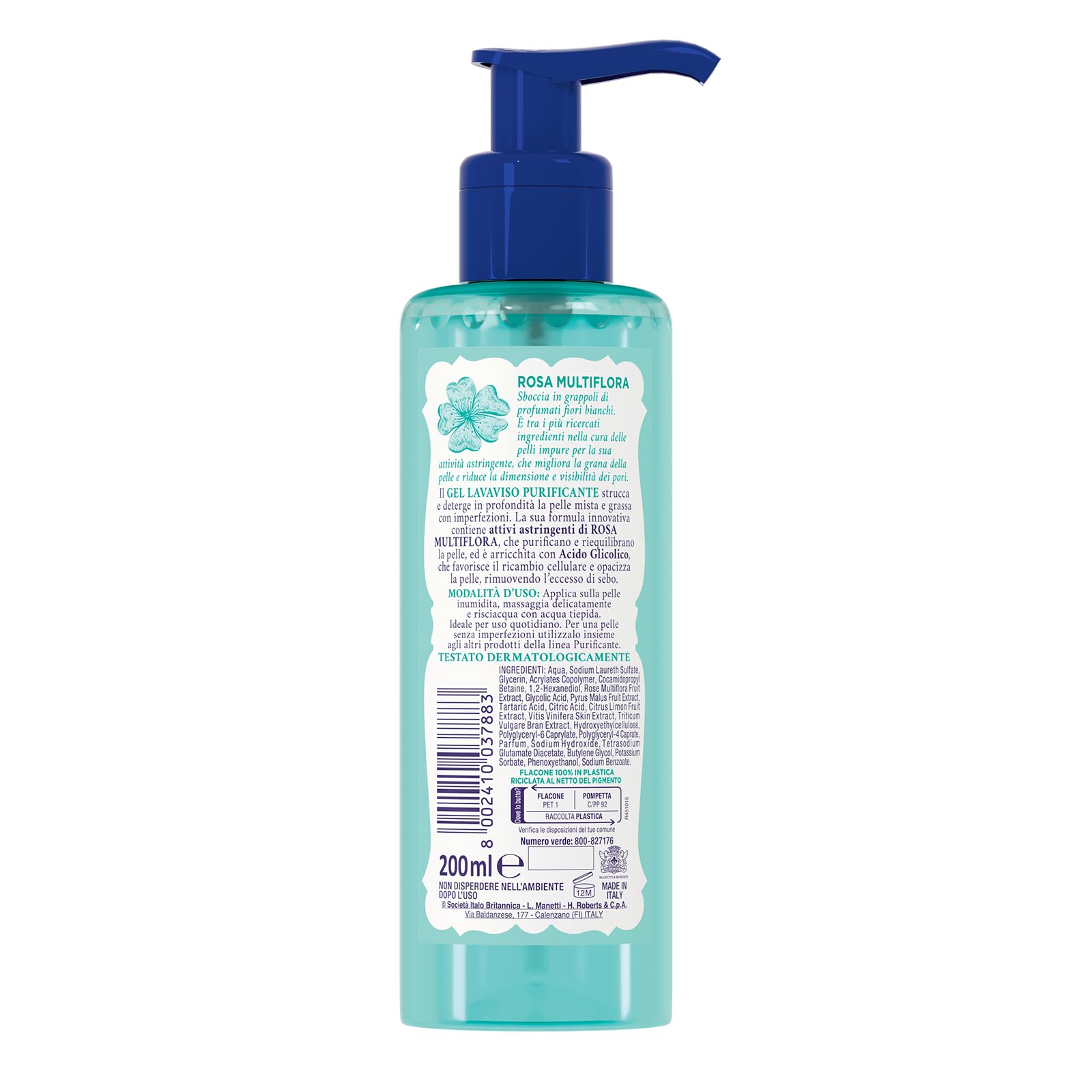 Acqua alle Rose, Gel Lavaviso Purificante con Attivi Astringenti di Rosa Multiflora, Detergente Viso per Pelli Miste o con Imperfezioni, Deterge, Purifica e Opacizza, Uso Quotidiano, 200 ml