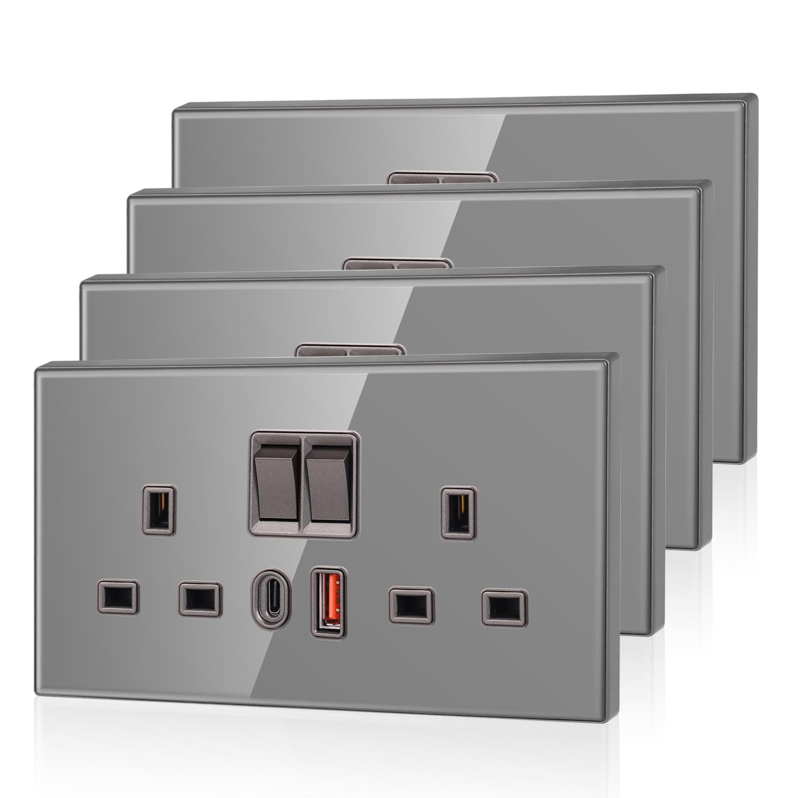 4 Pack CNBINGO USB Type C Glass Double Socket, 20W Max Fast Charging, Double Switched Socket with 20W PD USB C and A, 2 Gang Electric Power Socket, Grey Wall Outlet with Tempered Glass Panel โ image 1
