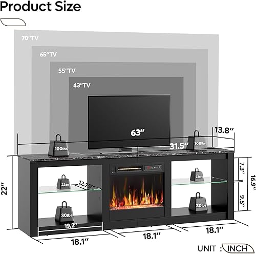 Miniatura 2 de Bestier Soporte moderno de TV con chimenea de 63 pulgadas para televisores de hasta 70 pulgadas, centro de entretenimiento LED con chimenea