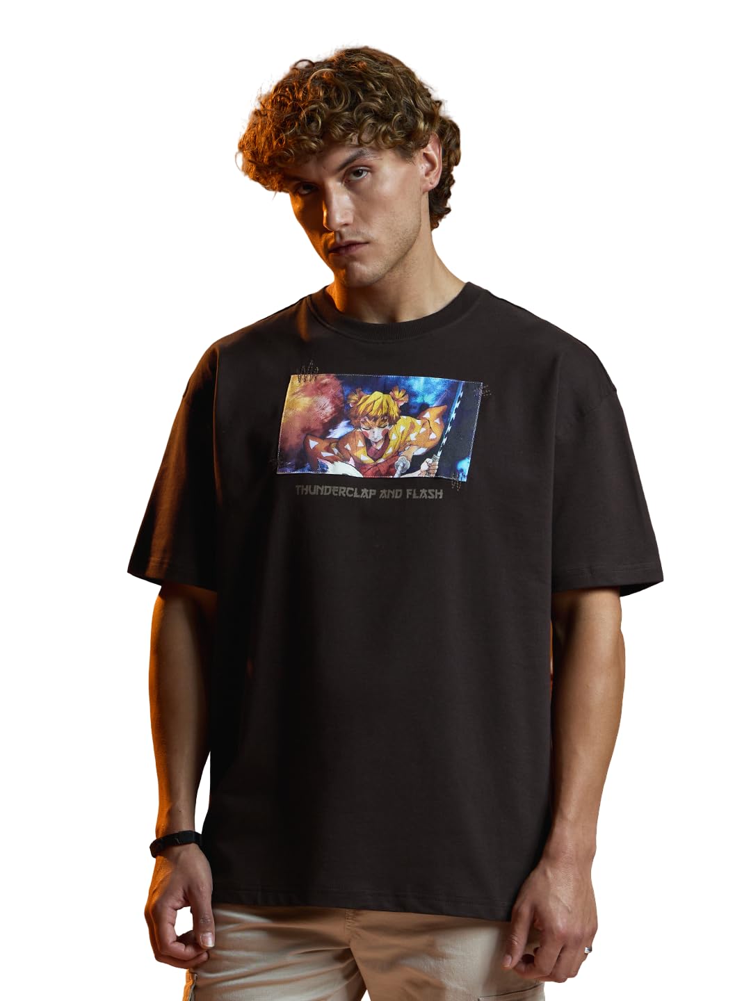 the souled store Demon Slayer: Zenitsu Men and Boys Short Sleeves Round Neck Graphic Printed Cotton Lightweight Comfortable All-Season Oversized T-Shirt-picture-34