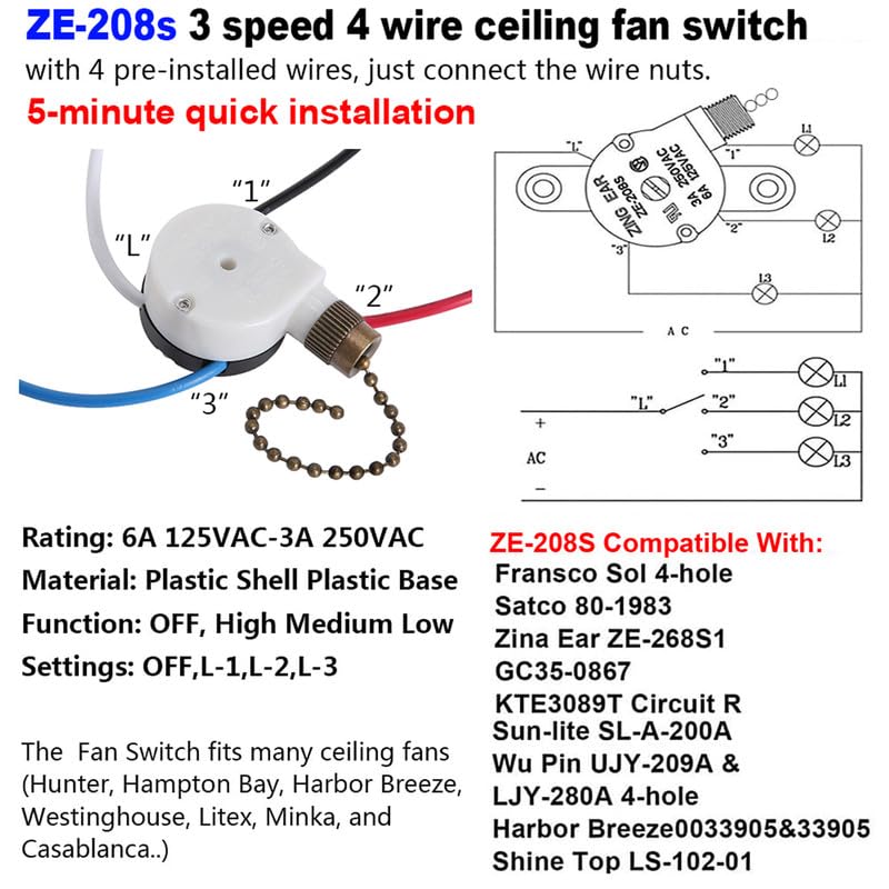 Miniatura 2 de Interruptor de ventilador de techo zing Ear ZE-208S e89885 Interruptor de cadena de tracción 3 velocidades 4 interruptores de cable Pieza de