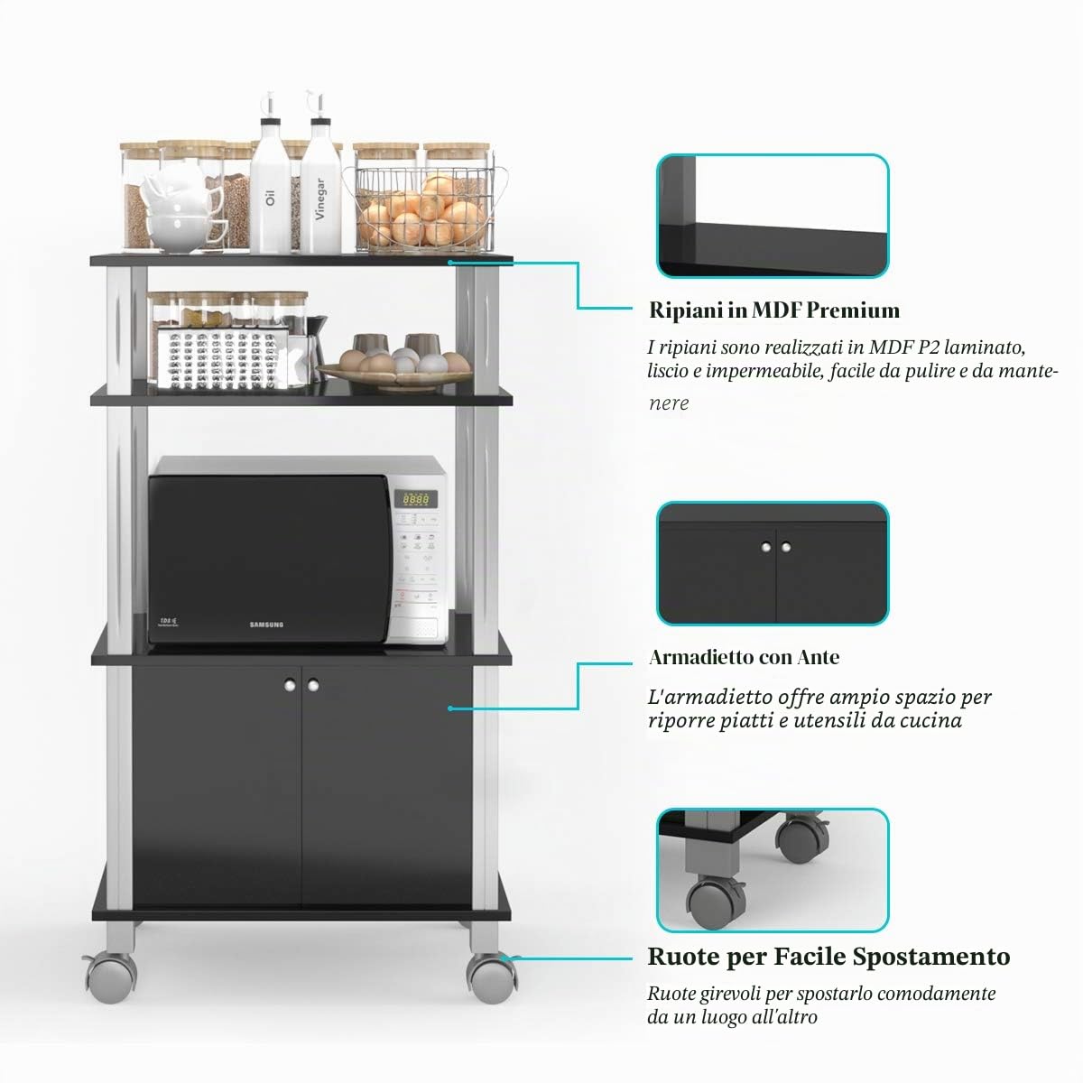 GIANTEX Carrello da Cucina per Microonde a Rotelle, 3 Ripiani Portaoggetti e Armadio con Ante, 4 Ruote di cui 2 con Freno, Dimensioni 60 x 40 x 98 cm(Nero)