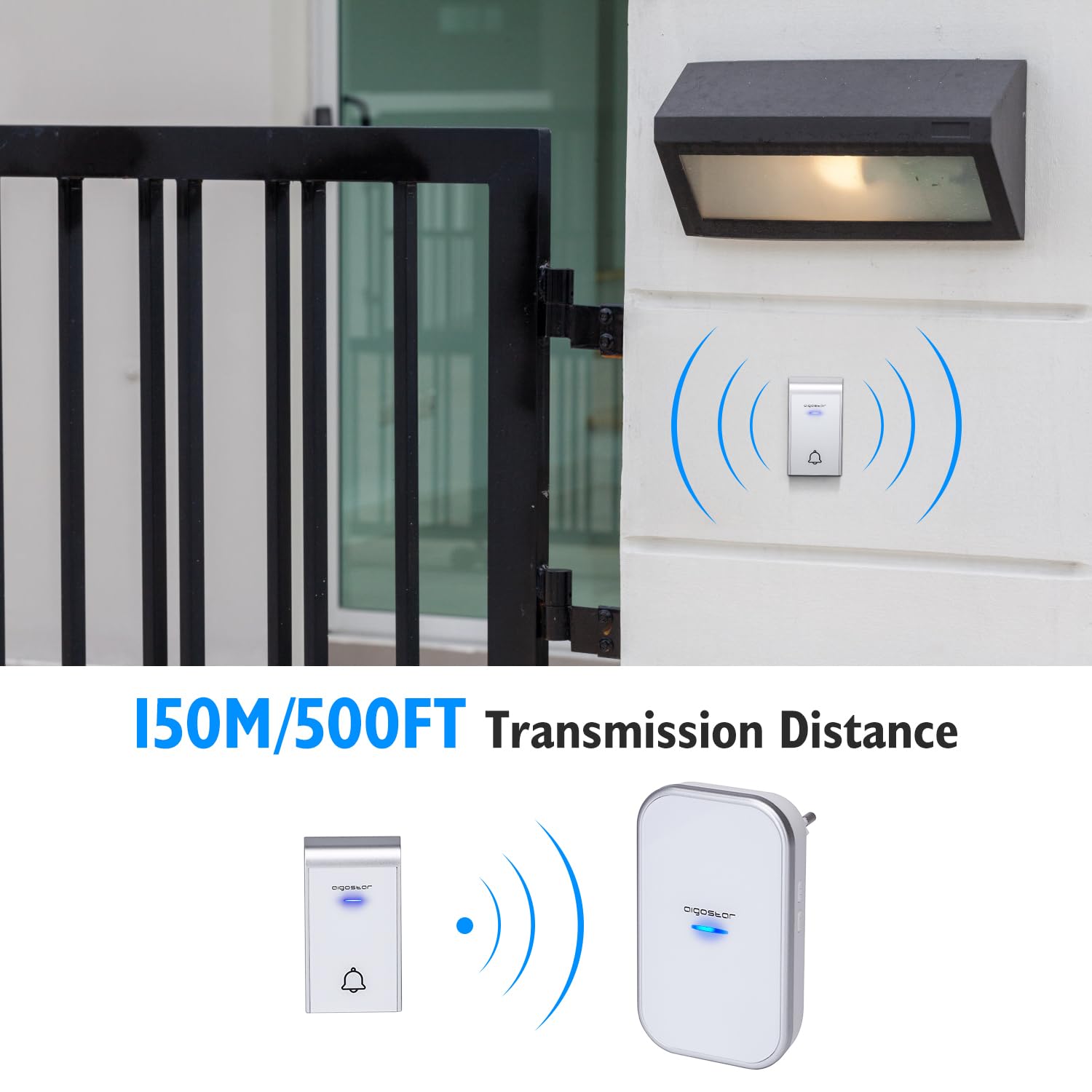 Aigostar Ring AC - Timbre inalámbrico, Timbre de Puerta con Indicadores LED, Resistente al Agua, 36 Melodías, 3 Niveles de Volumen, Timbre para Ancianos, Casa, Oficina (2 Receptor y 1 Transmisor)