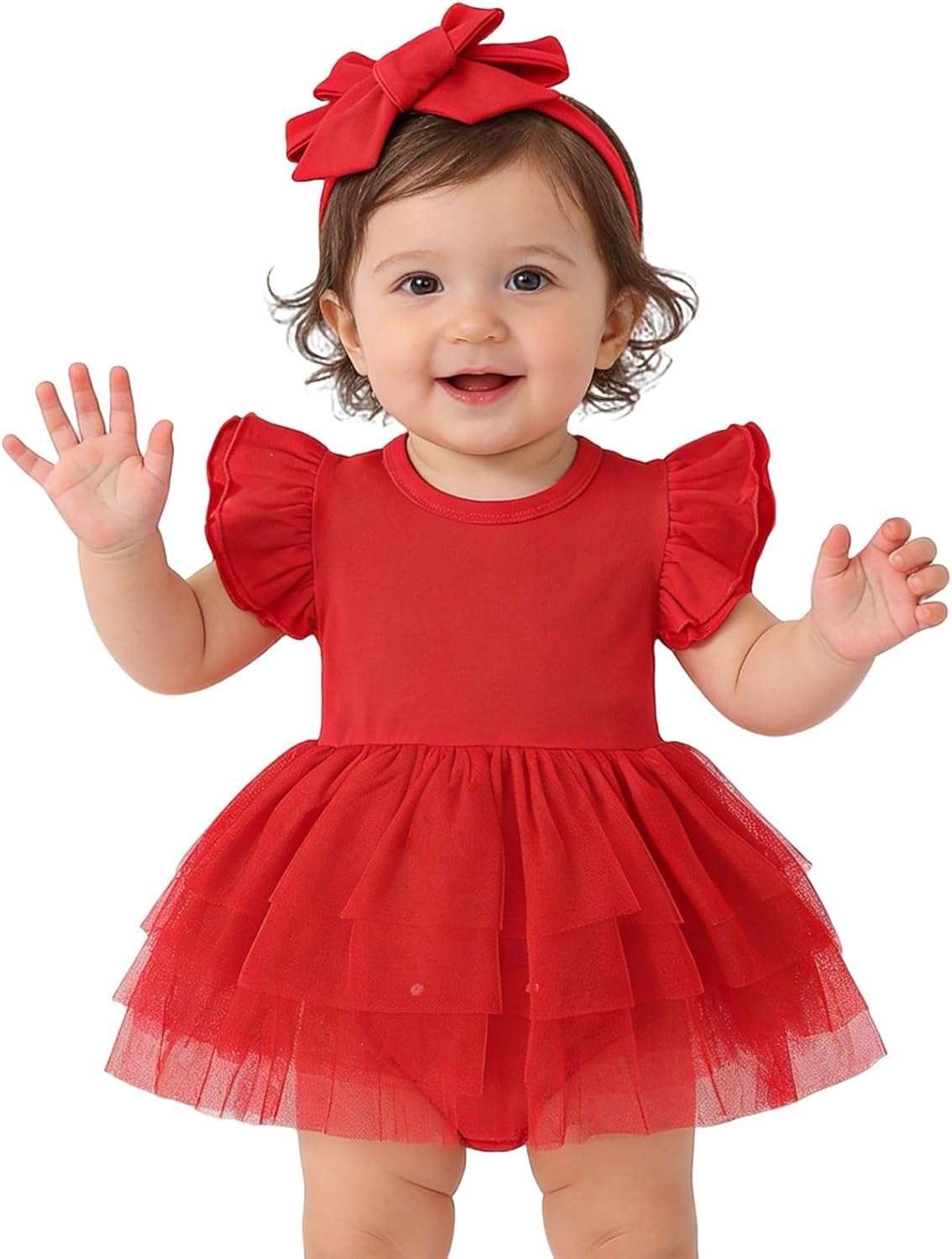 Baby Girl Ruffle Sleeve Romper Dress Infant Jumpsuit Tutu Skirt Set Newborn Princess Tulle Dresses Headband Outfit