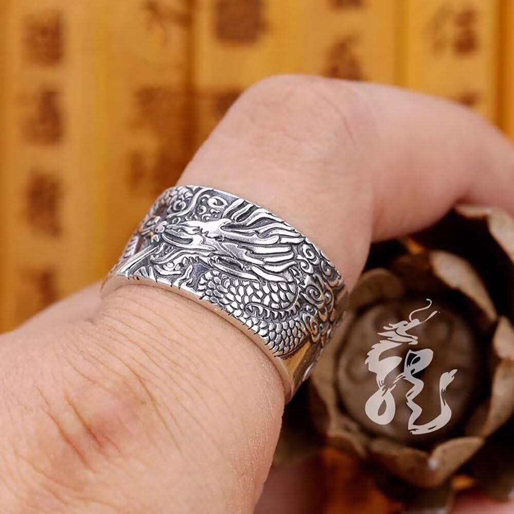 Chiński Pierścień Szczęścia Feng Shui ， Pierścienie Feng Shui Dragon 990 Srebro Sterling Tybetański Buddyjski Pierścień Sutra Serca dla Bogactwa Szczęśliwe Otwarte Regulowane Pierścienie