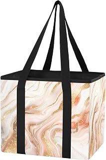 Qilmy Rose Gold Marble Trunk Organizer for Women Men, Waterproof Collapsible Car Organizers and Storage with Reinforced Handles & Removable PE Board for SUV Sedan Truck, Multi-Purpose Storage Tote Bag