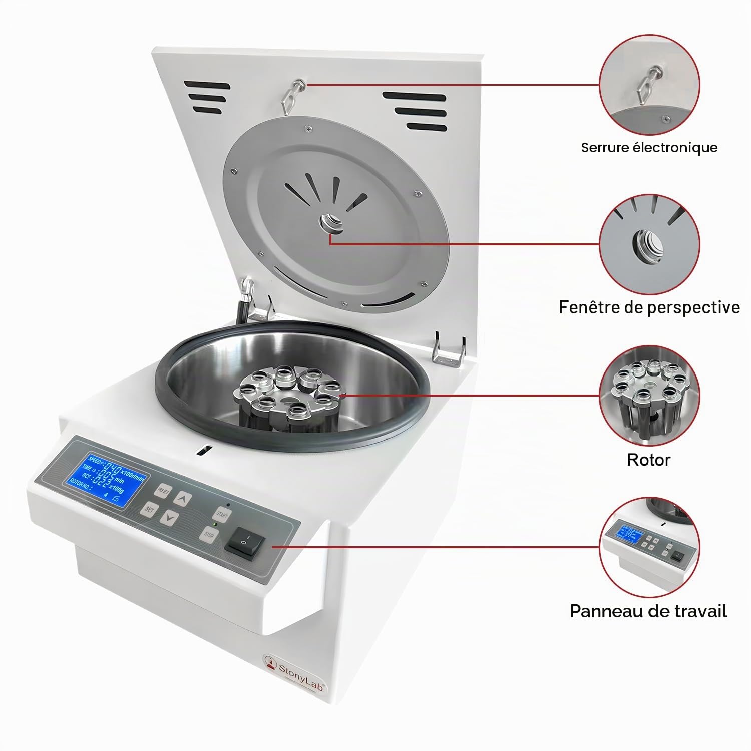 stonylab Centrifugeuse Basse Vitesse, 220V/60Hz, Centrifugeuse de Paillasse Numérique avec Une Vitesse Maximale de 4000 TR/MIN, Une Force Centrifuge Maximale de 2400xg, Rotor Oscillant 15 ml x 8